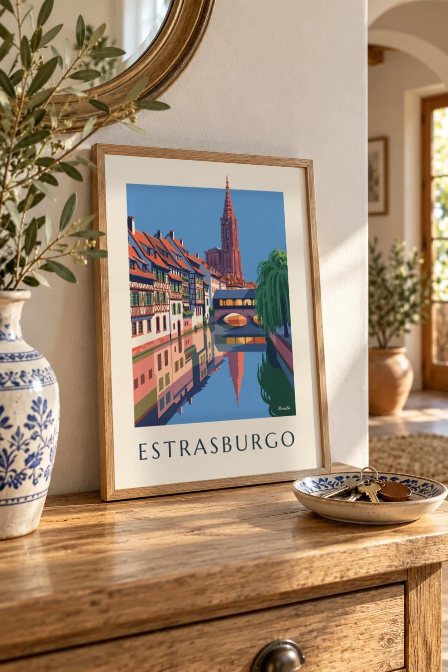 Póster casas de entramado y puente cubierto de la Petite France en Estrasburgo: pequeño formato A4 enmarcado
