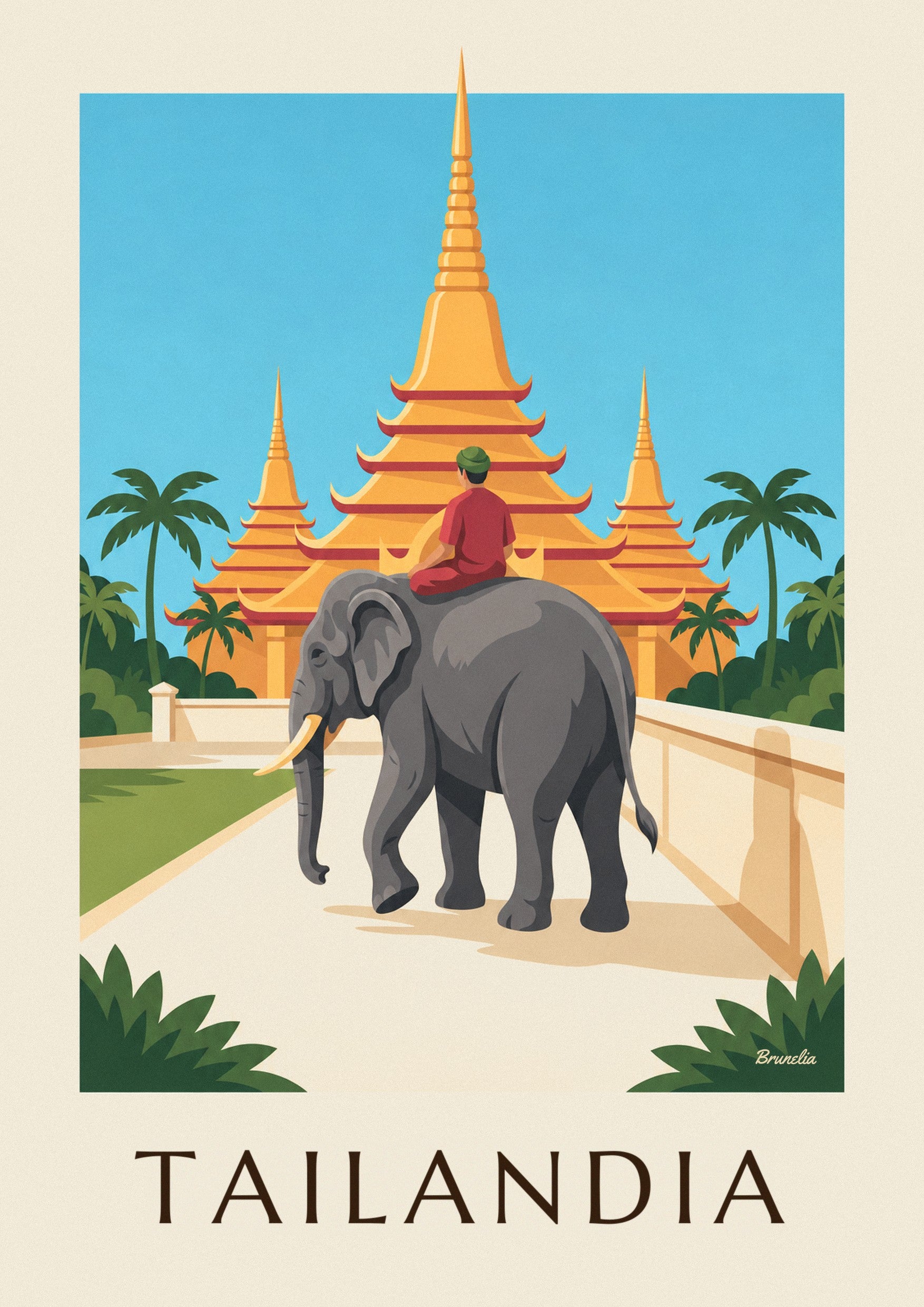 Póster de elefante y pagodas doradas en Tailandia: detalle en primer plano