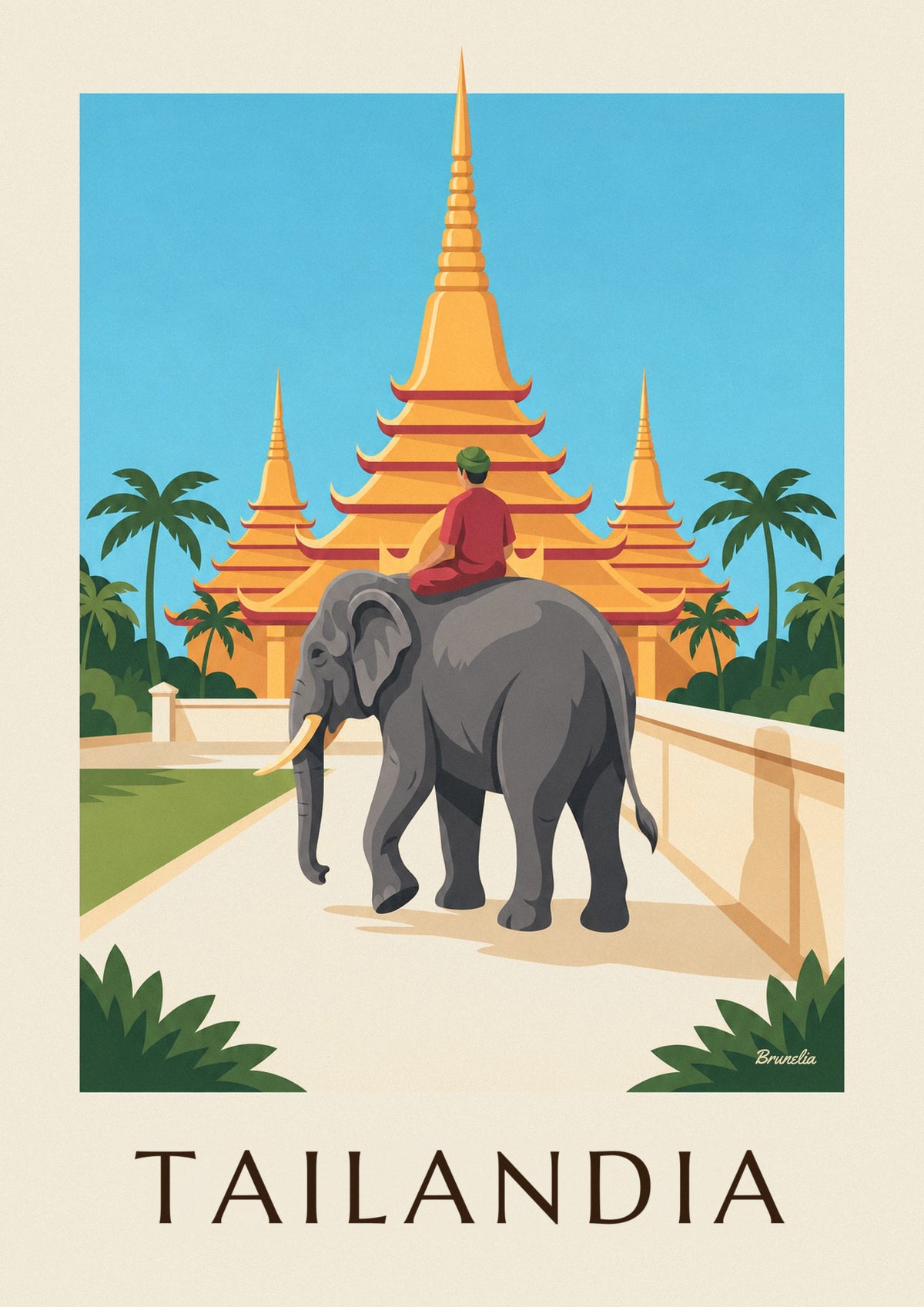 Póster de elefante y pagodas doradas en Tailandia