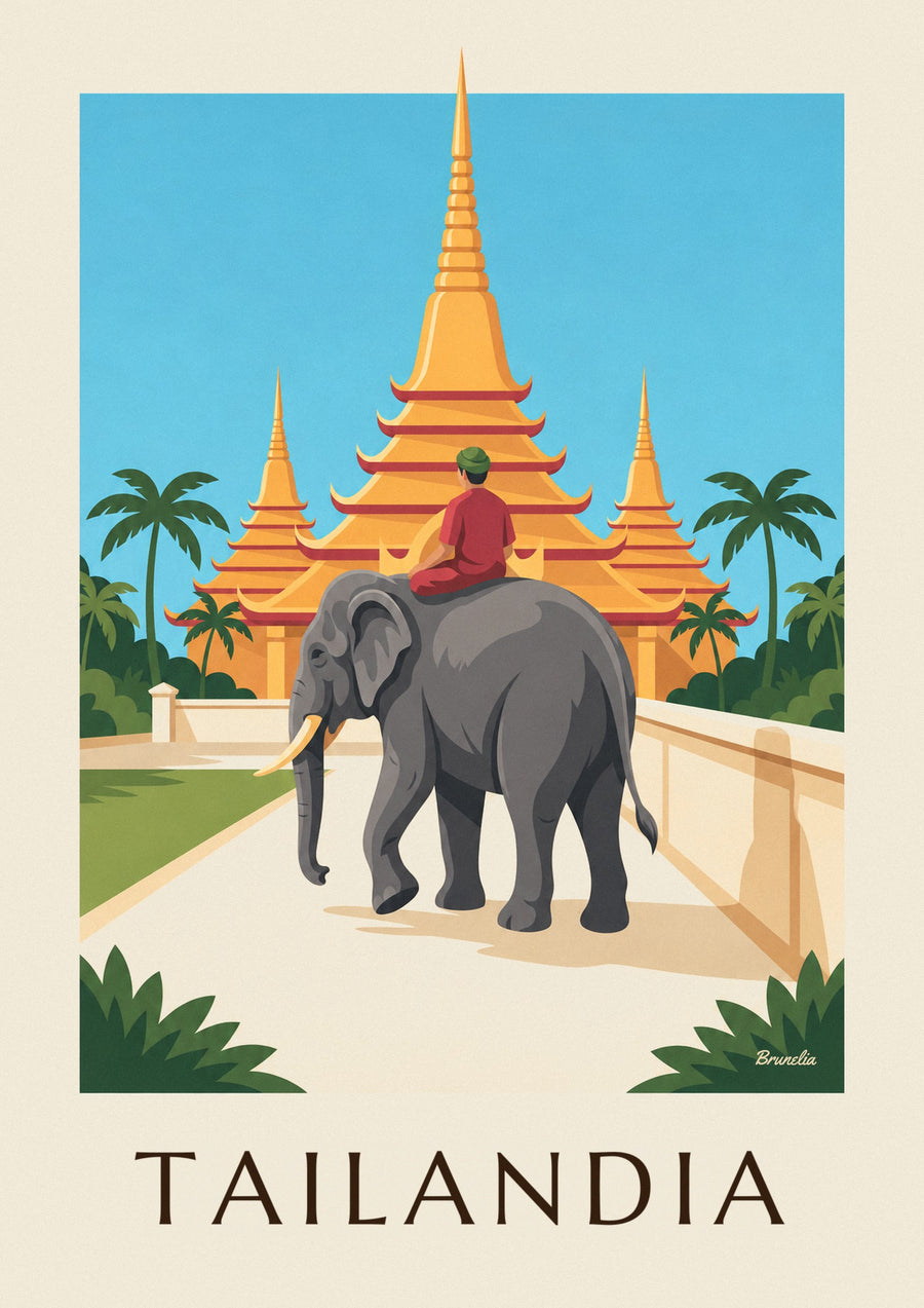 Póster de elefante y pagodas doradas en Tailandia