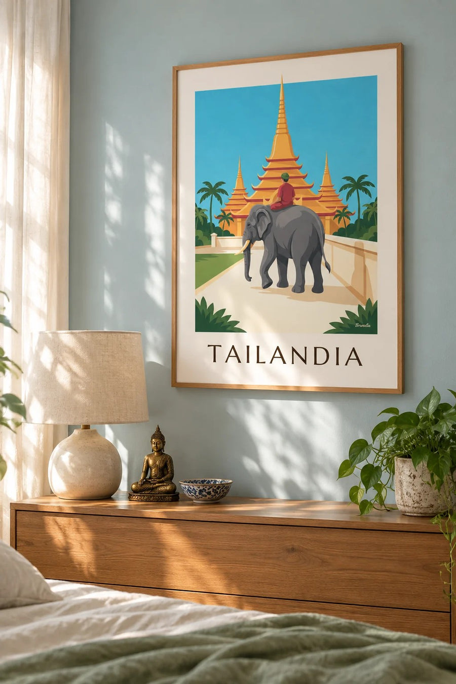 Póster de elefante y pagodas doradas en Tailandia: enmarcado en la pared