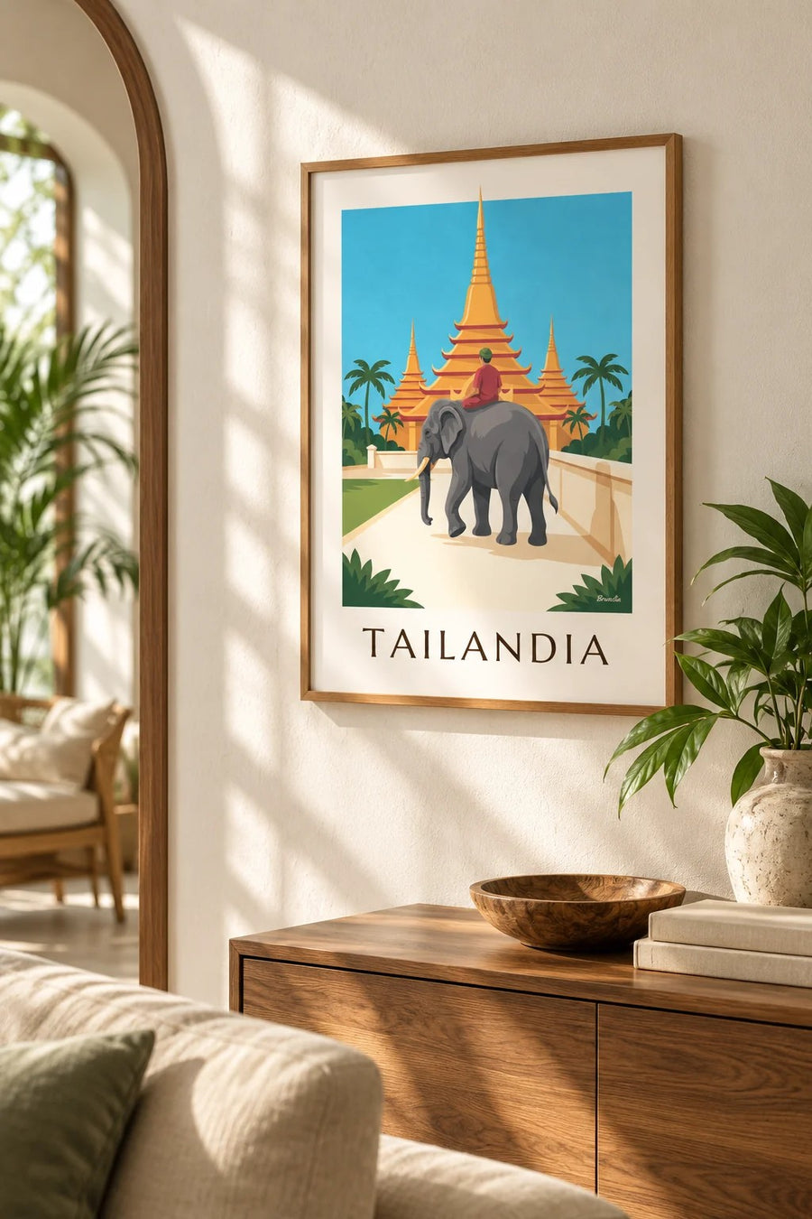 Póster de elefante y pagodas doradas en Tailandia: pequeño formato A4 enmarcado