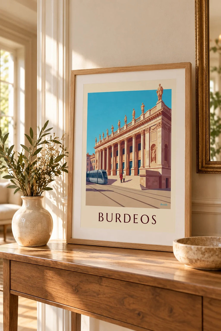 Póster del Grand Théâtre y la place de la Comédie en Burdeos: pequeño formato A4 enmarcado