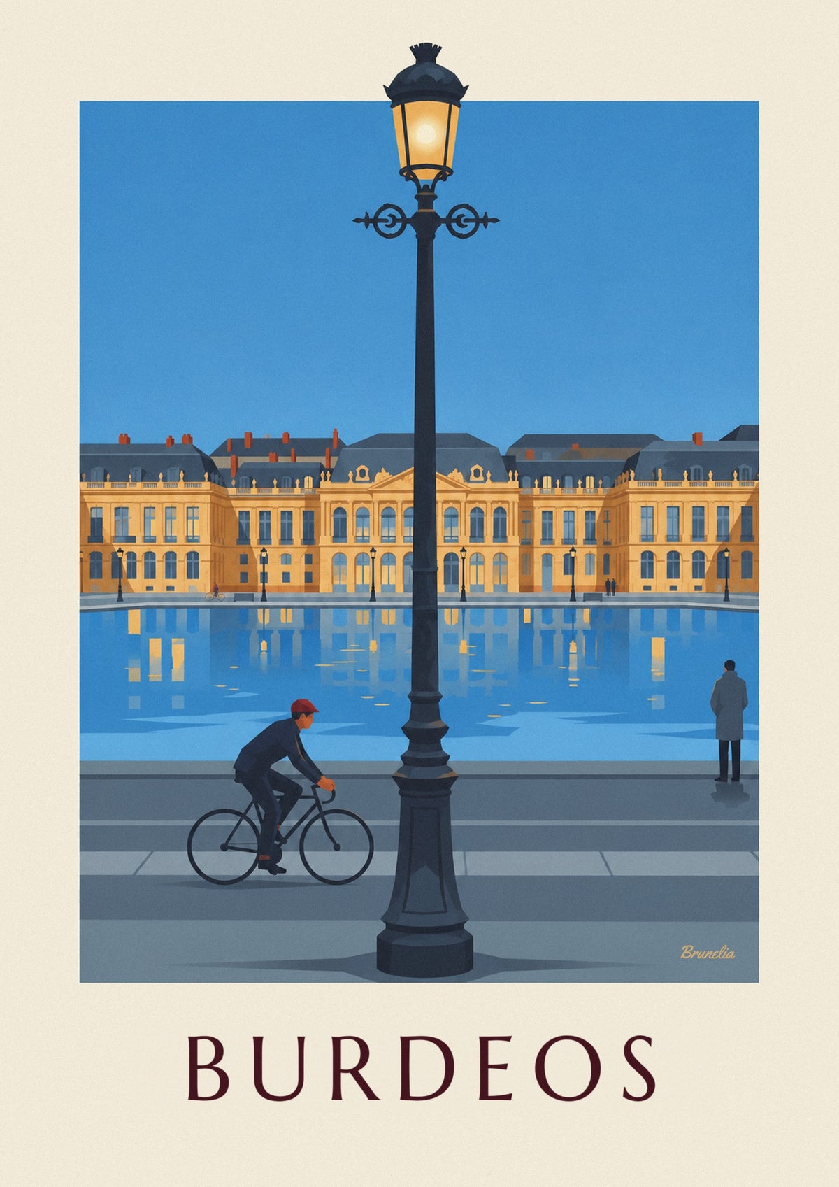 Póster ciclista frente al espejo de agua de Burdeos al anochecer