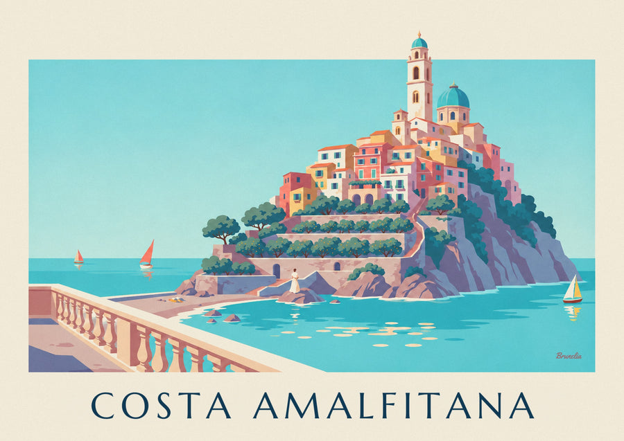 Póster de la Costa Amalfitana, casas de colores y bahía turquesa