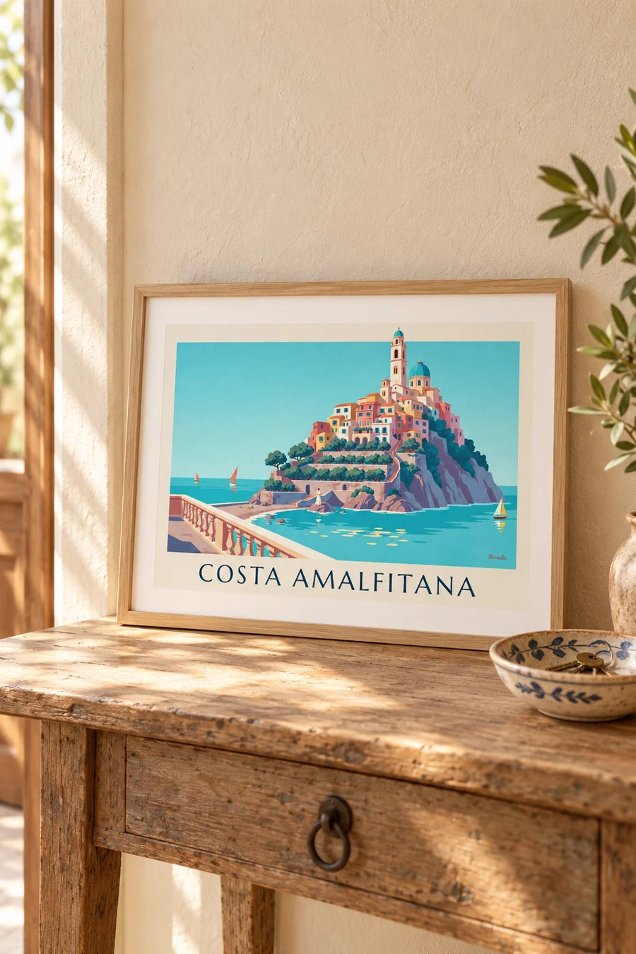 Póster de la Costa Amalfitana, casas de colores y bahía turquesa: pequeño formato A4 enmarcado