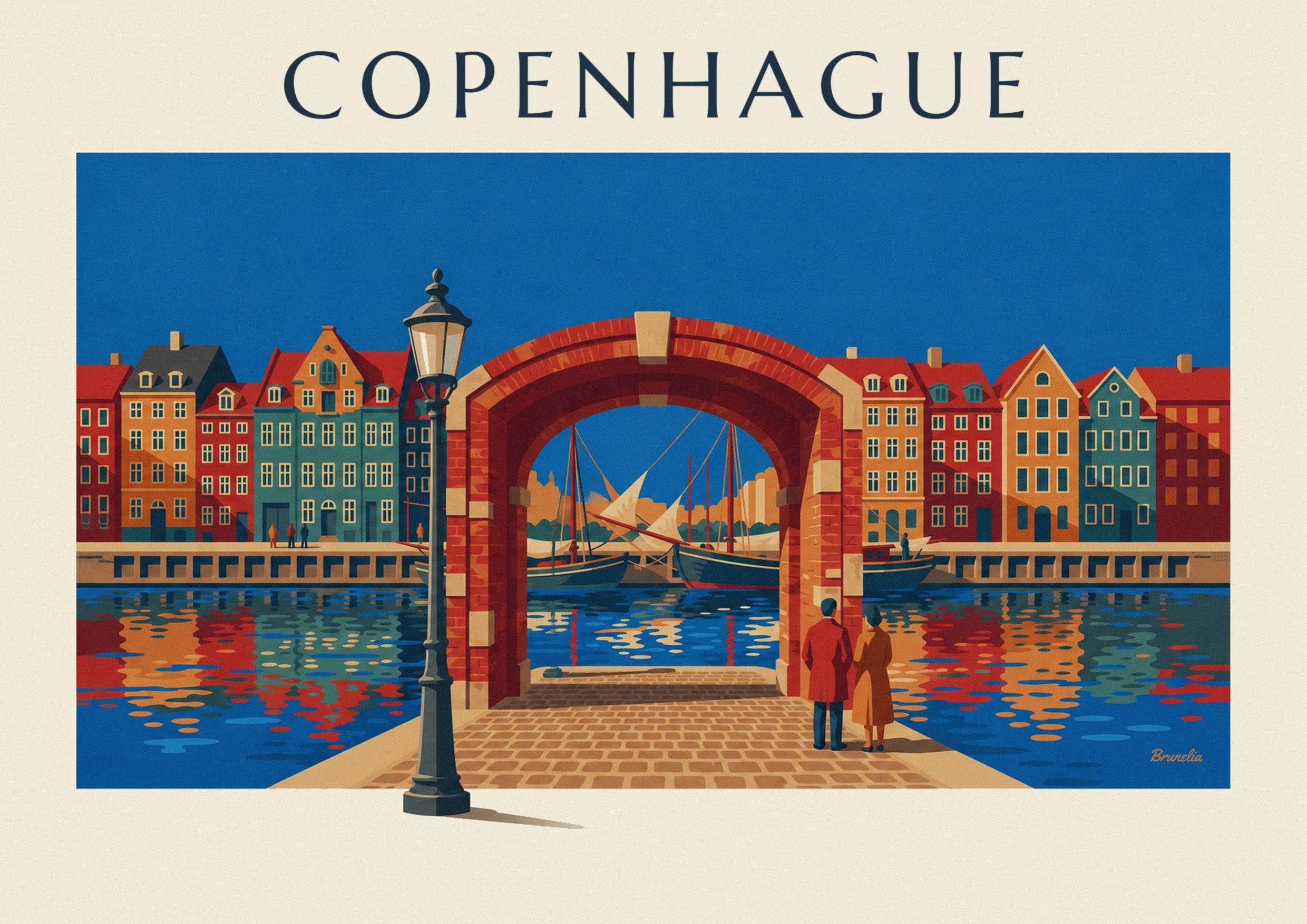 Póster casas de colores y veleros antiguos de Nyhavn en Copenhague: detalle en primer plano
