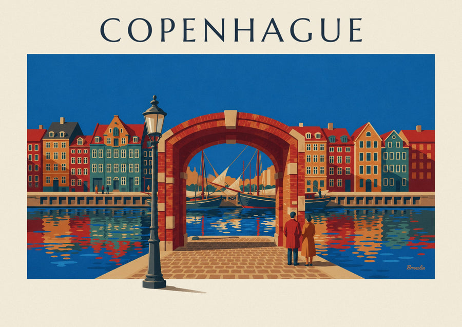 Póster casas de colores y veleros antiguos de Nyhavn en Copenhague