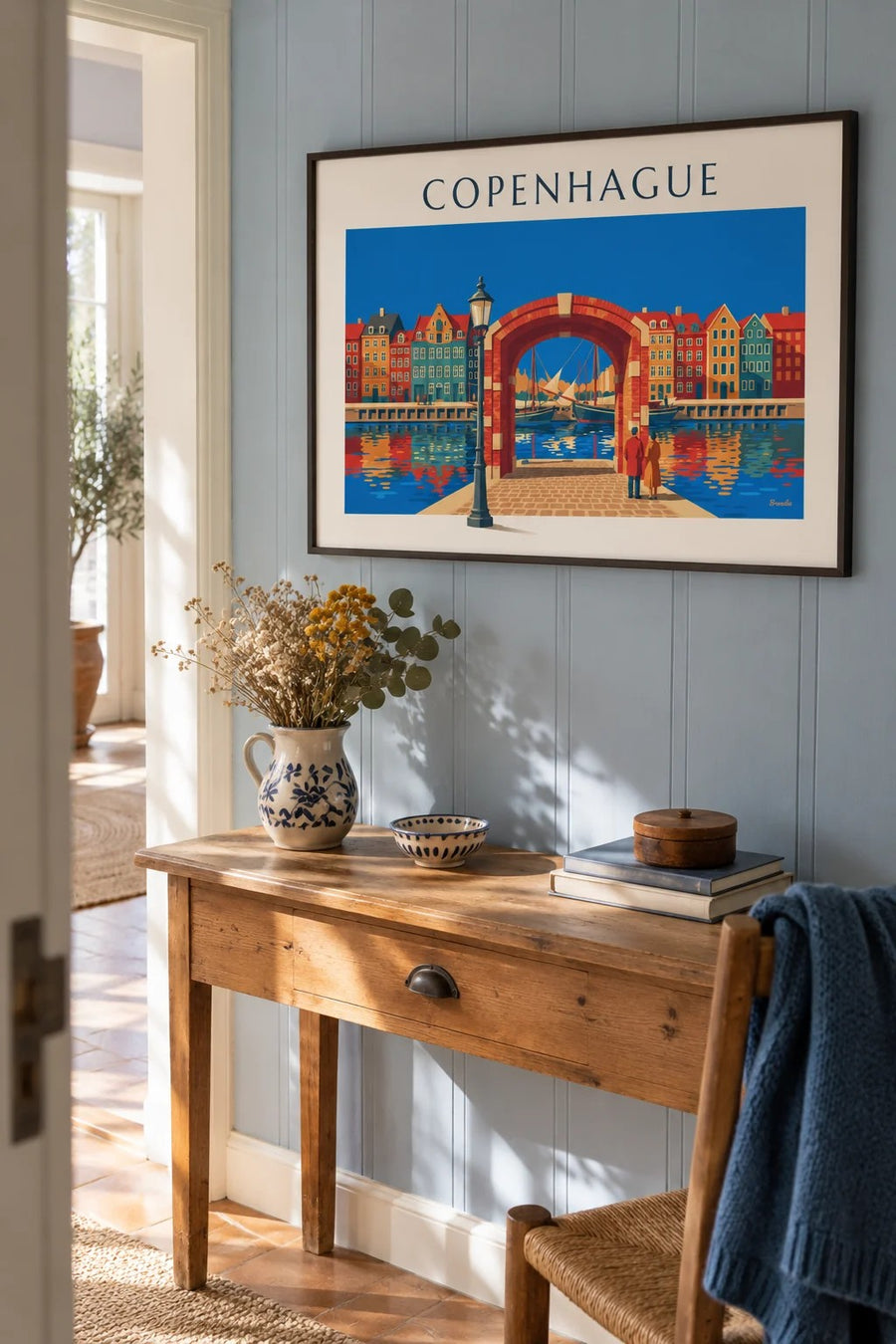 Póster casas de colores y veleros antiguos de Nyhavn en Copenhague: enmarcado en la pared