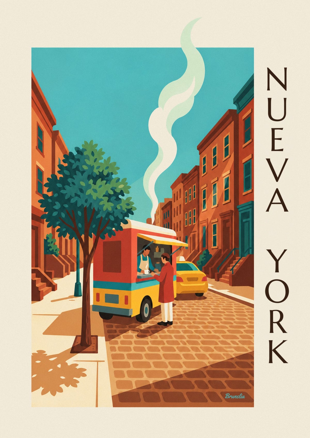 Póster camión de café colorido en una calle de Nueva York