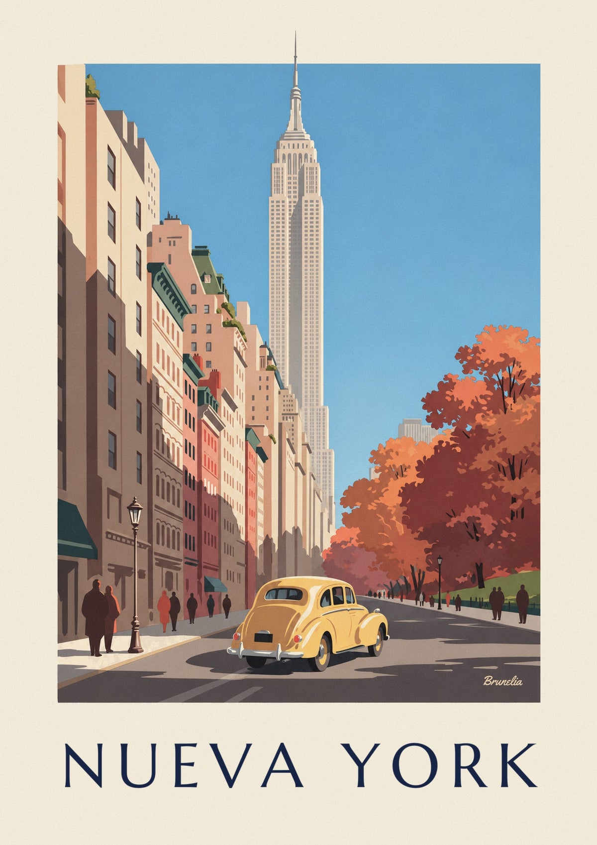 Póster de coche amarillo y Empire State Building en otoño