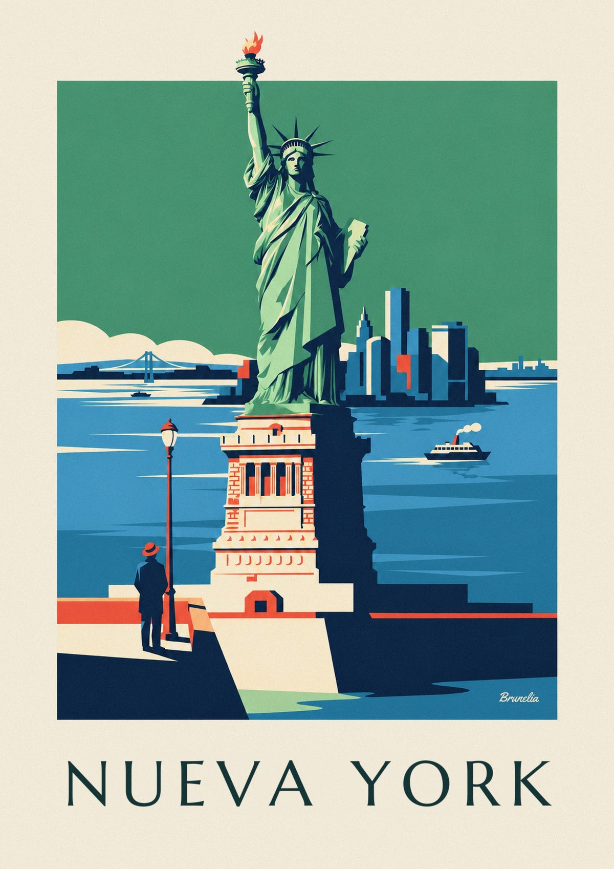 Póster Estatua de la Libertad y skyline de Manhattan en Nueva York