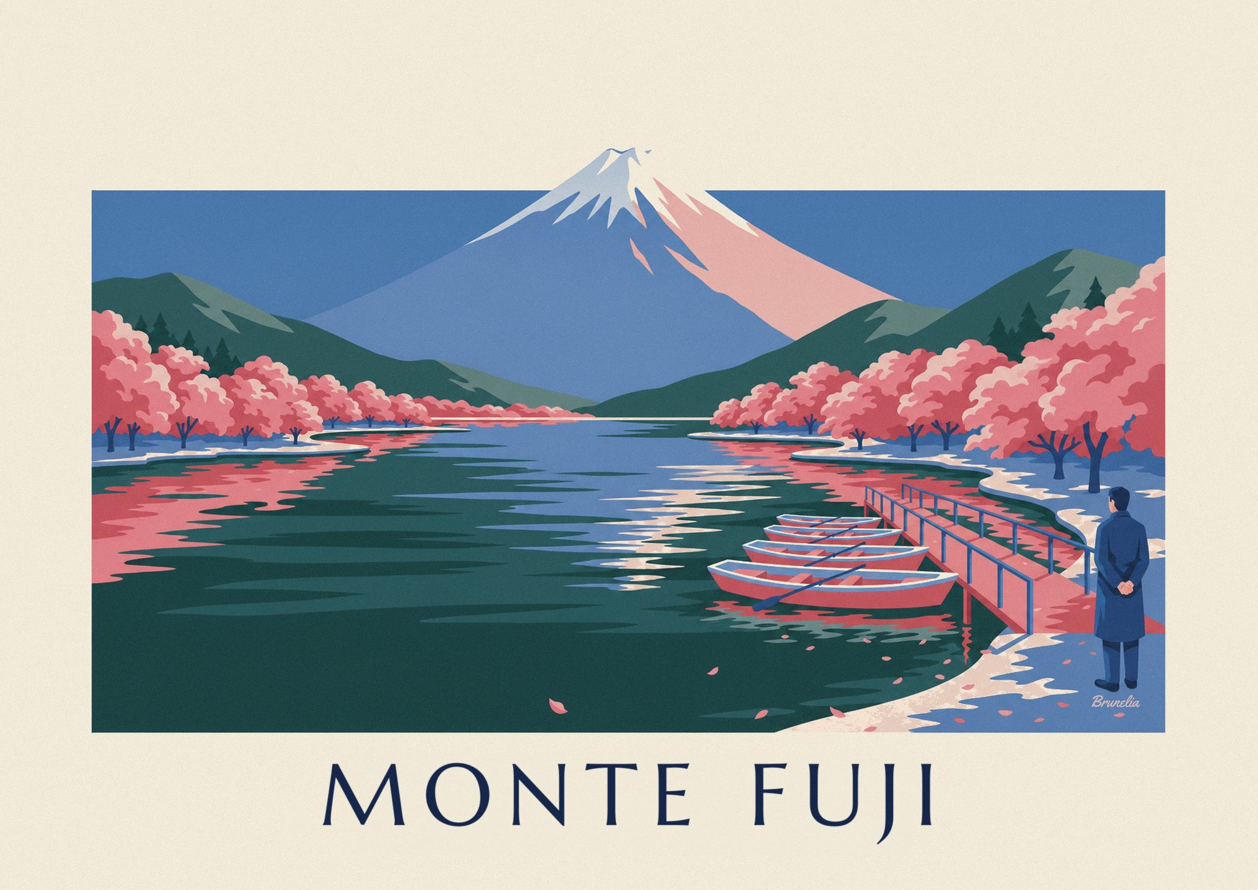 Póster monte Fuji, cerezos en flor y barcas en el embarcadero: detalle en primer plano