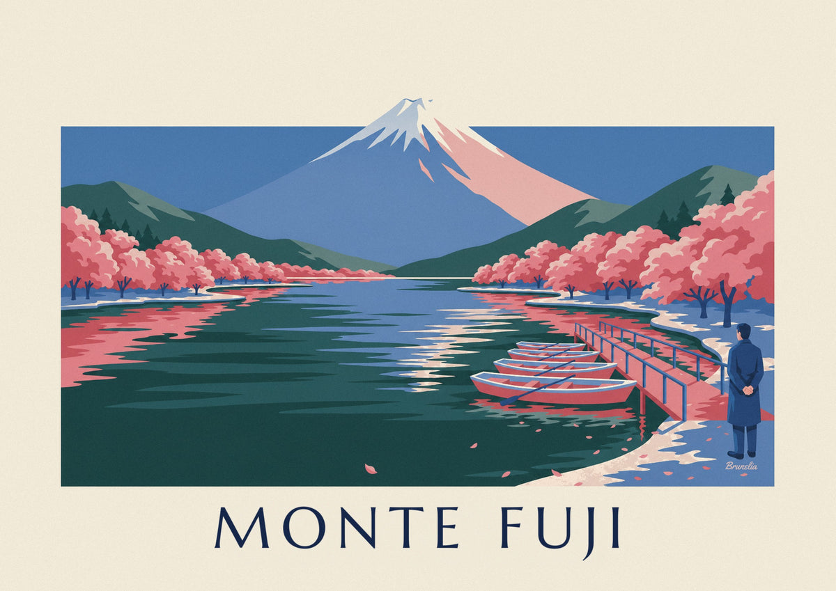 Póster monte Fuji, cerezos en flor y barcas en el embarcadero