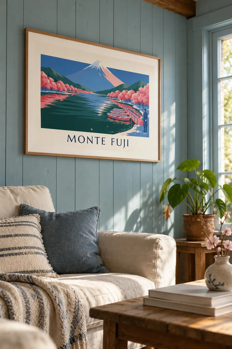 Póster monte Fuji, cerezos en flor y barcas en el embarcadero: enmarcado en la pared