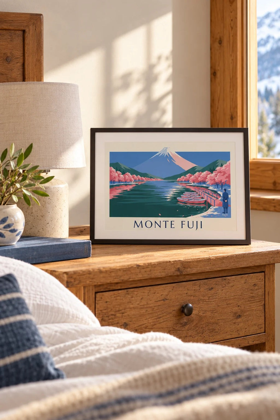 Póster monte Fuji, cerezos en flor y barcas en el embarcadero: formato pequeño A4 enmarcado