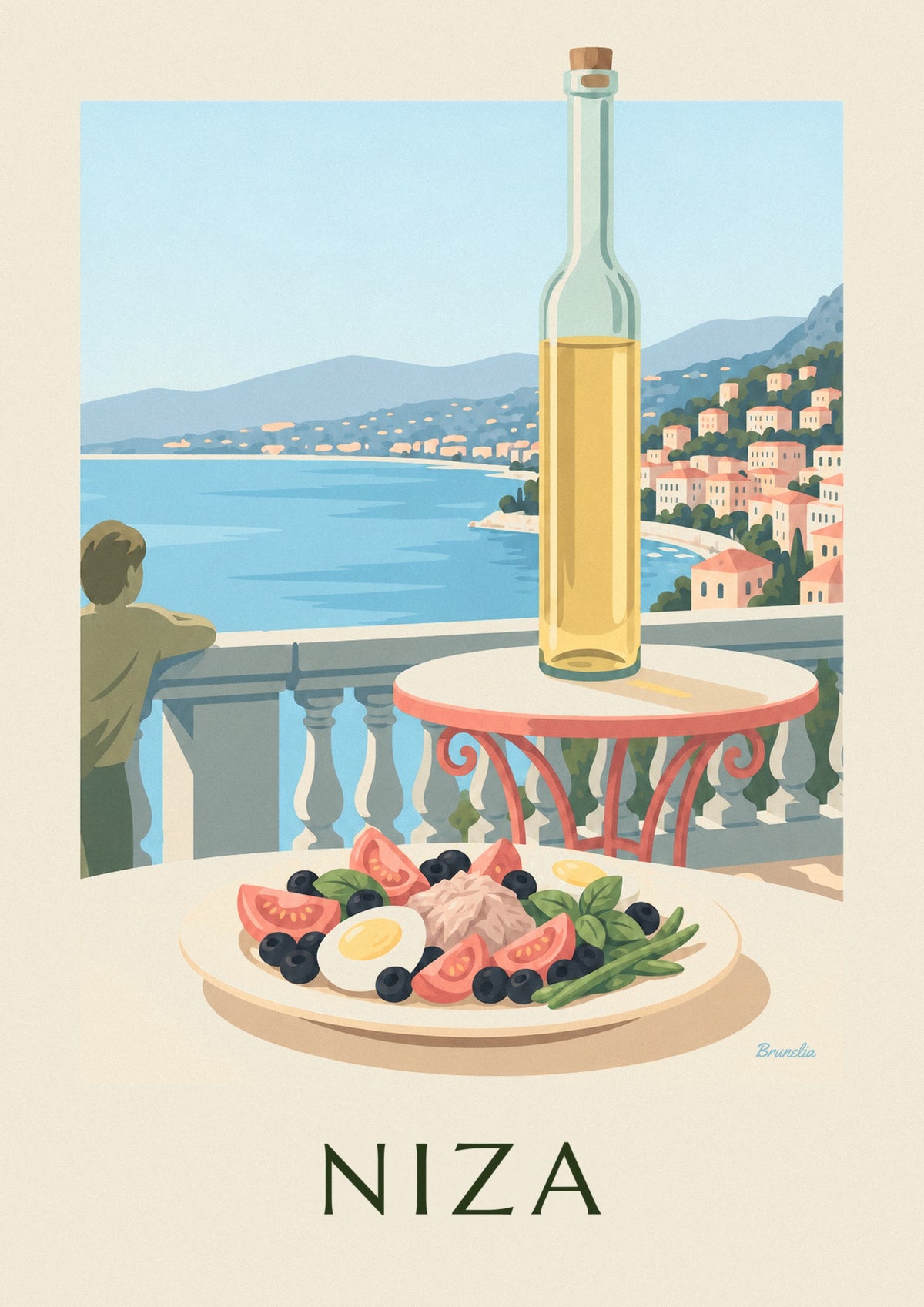Póster de ensalada niçoise en una terraza frente al mar