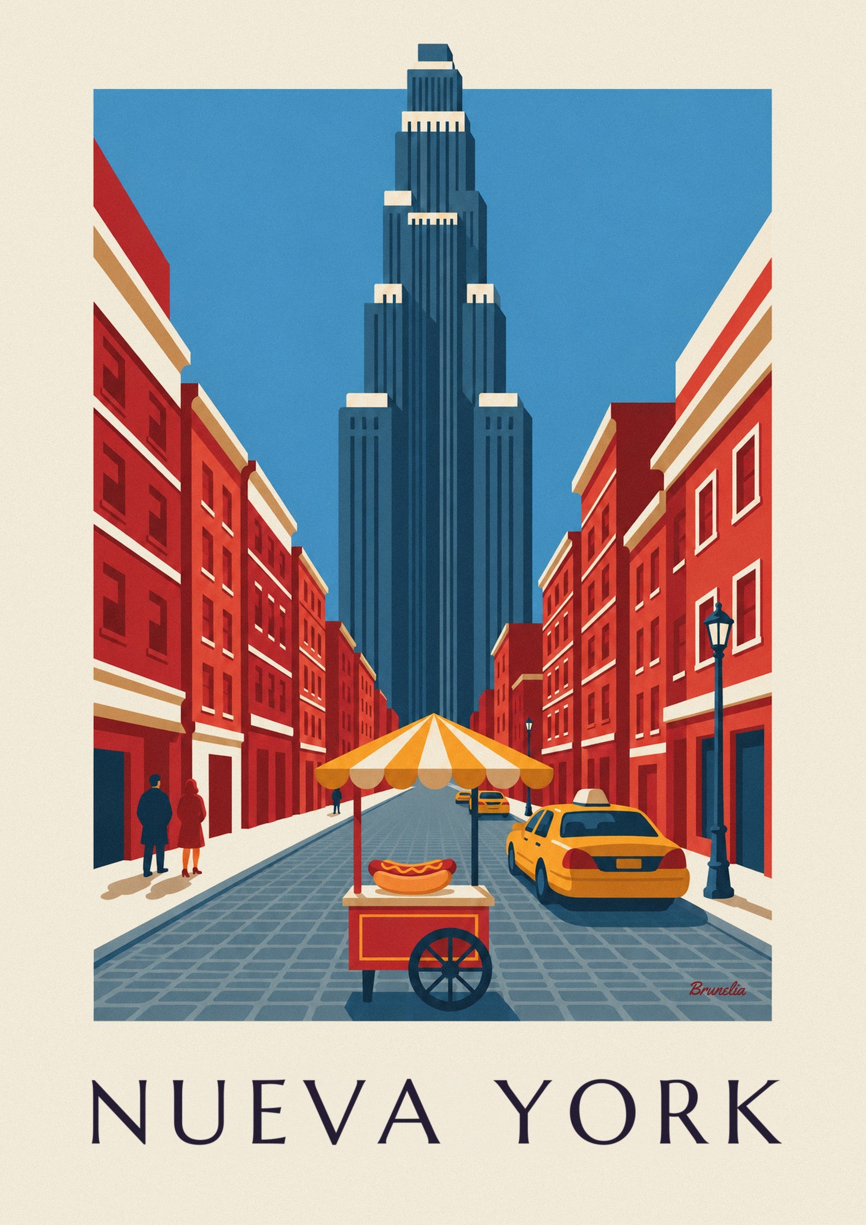 Póster de carrito de perritos calientes en una calle de Nueva York: detalle en primer plano
