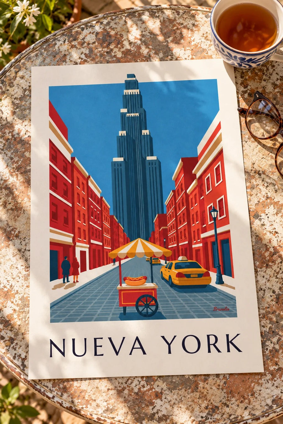 Póster de carrito de perritos calientes en una calle de Nueva York: sobre una mesa
