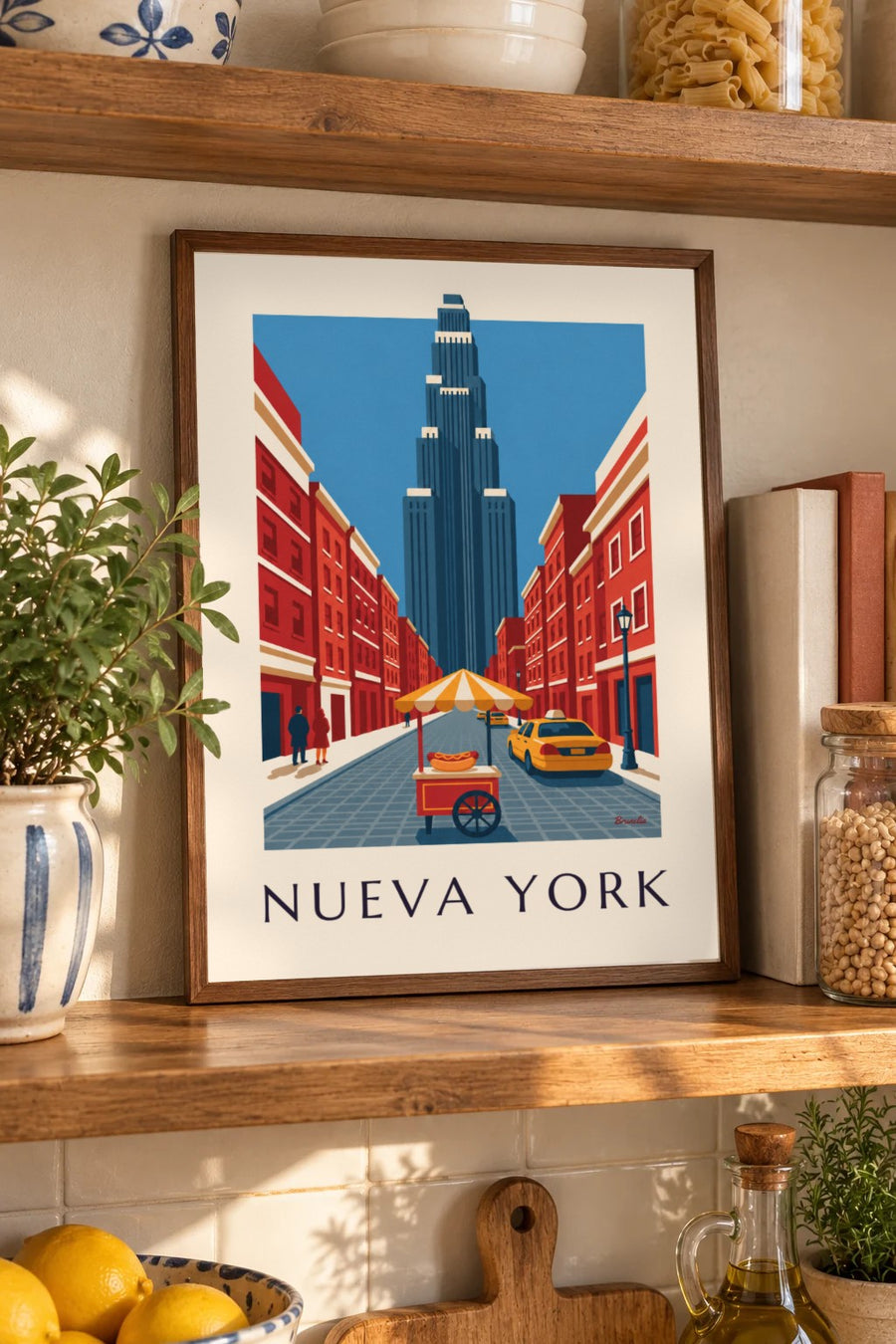 Póster de carrito de perritos calientes en una calle de Nueva York: formato pequeño A4 enmarcado