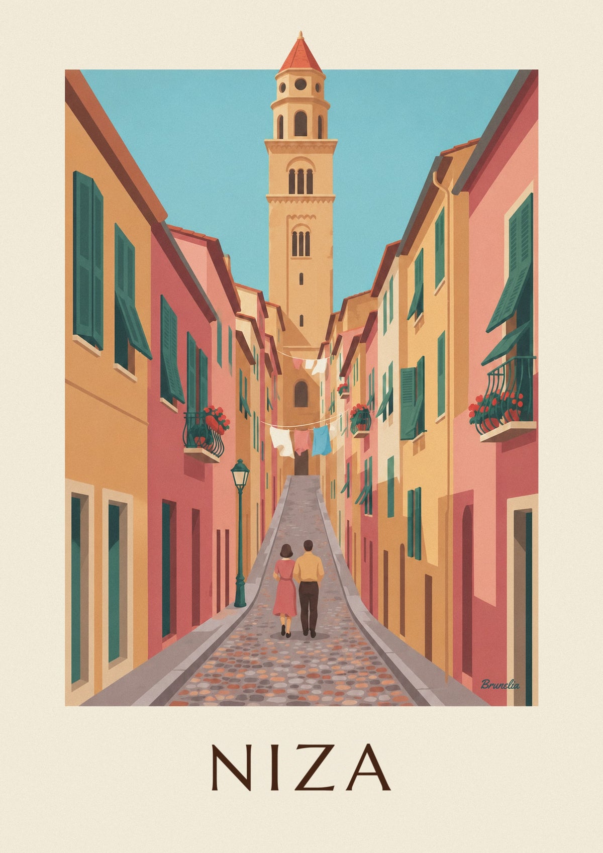 Póster de un callejón colorido del casco antiguo de Niza y el campanario de Santa Reparata
