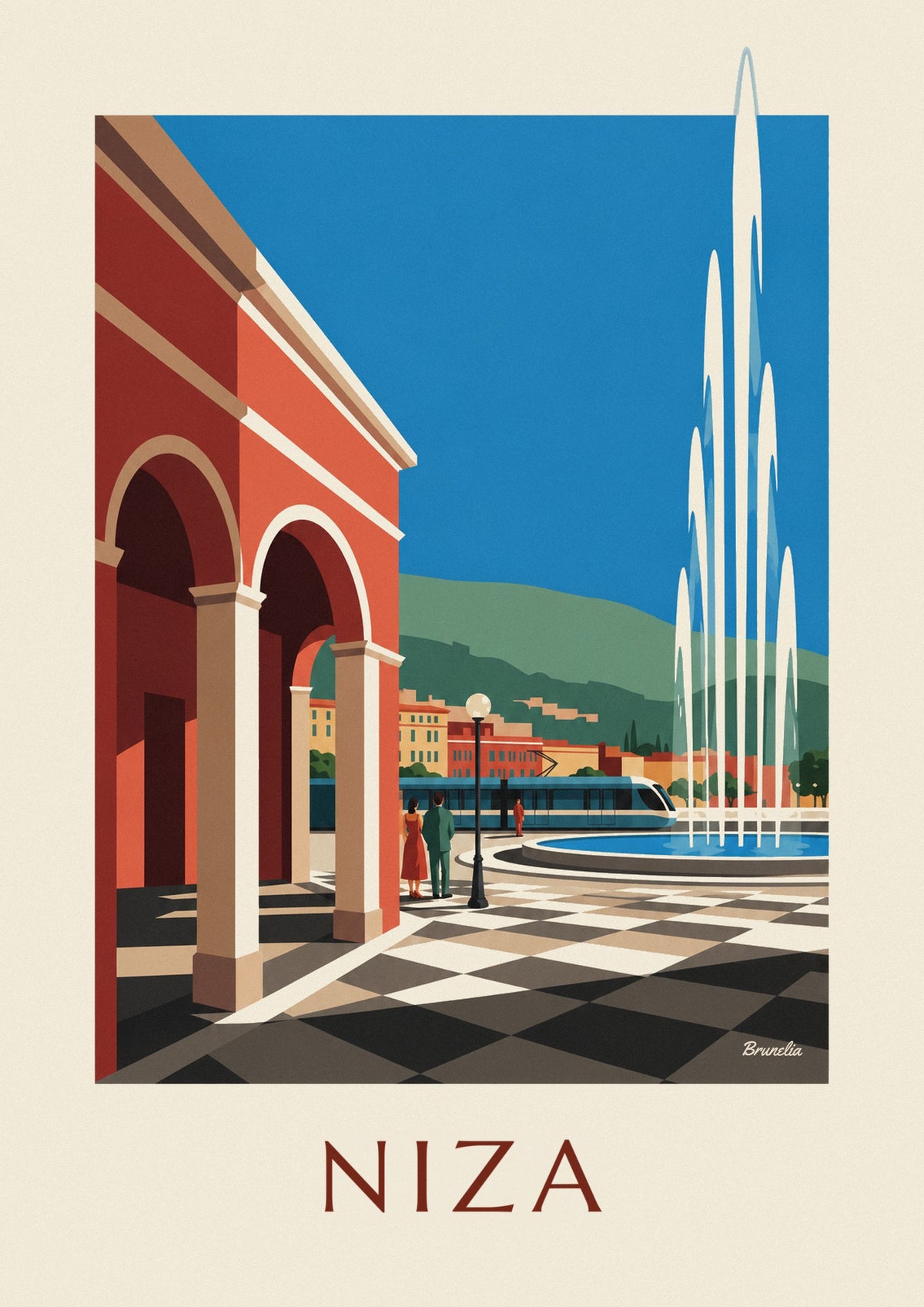 Póster plaza Masséna y sus fachadas rojas en Niza