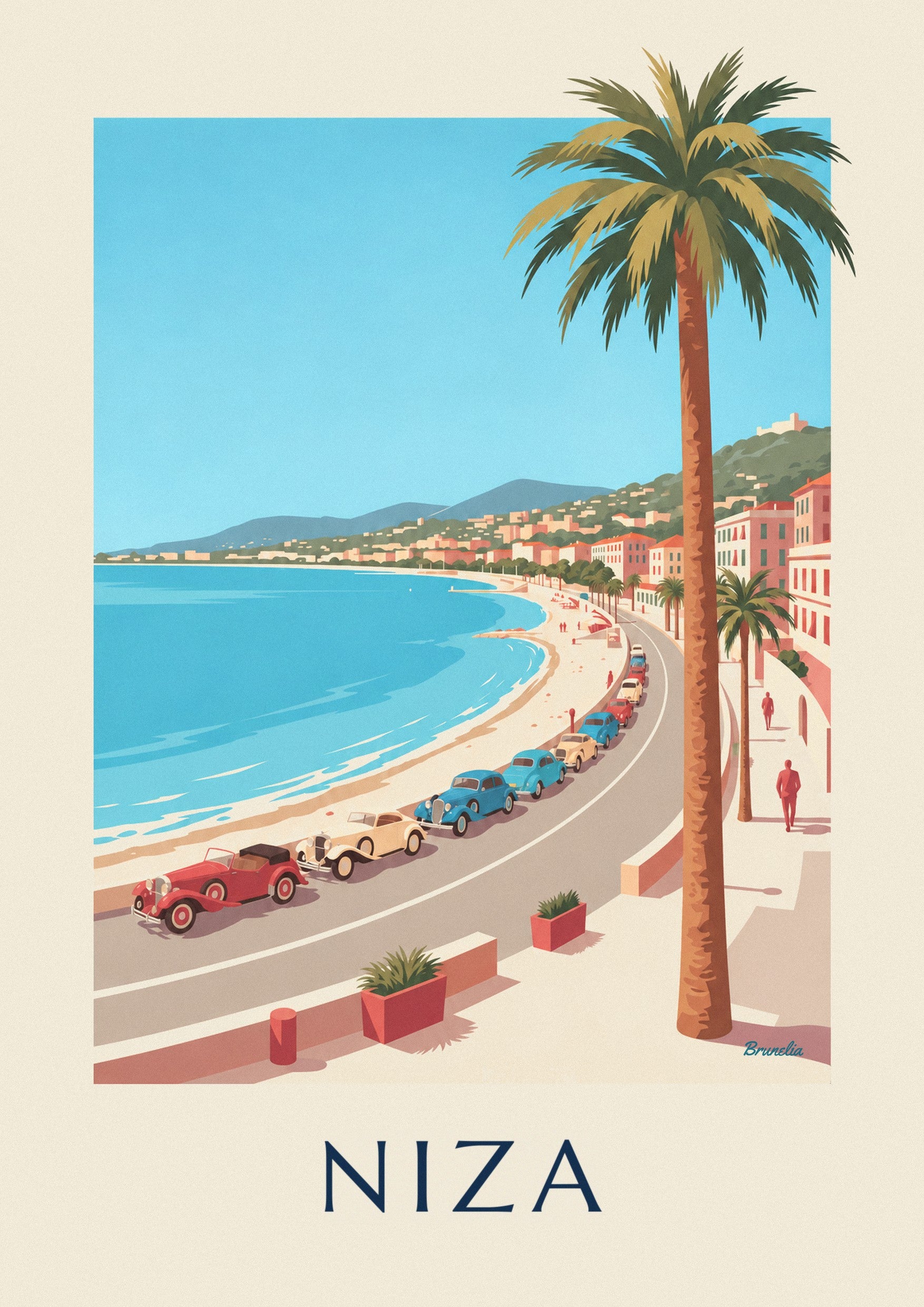 Póster de coches antiguos en el Paseo de los Ingleses de Niza: detalle en primer plano