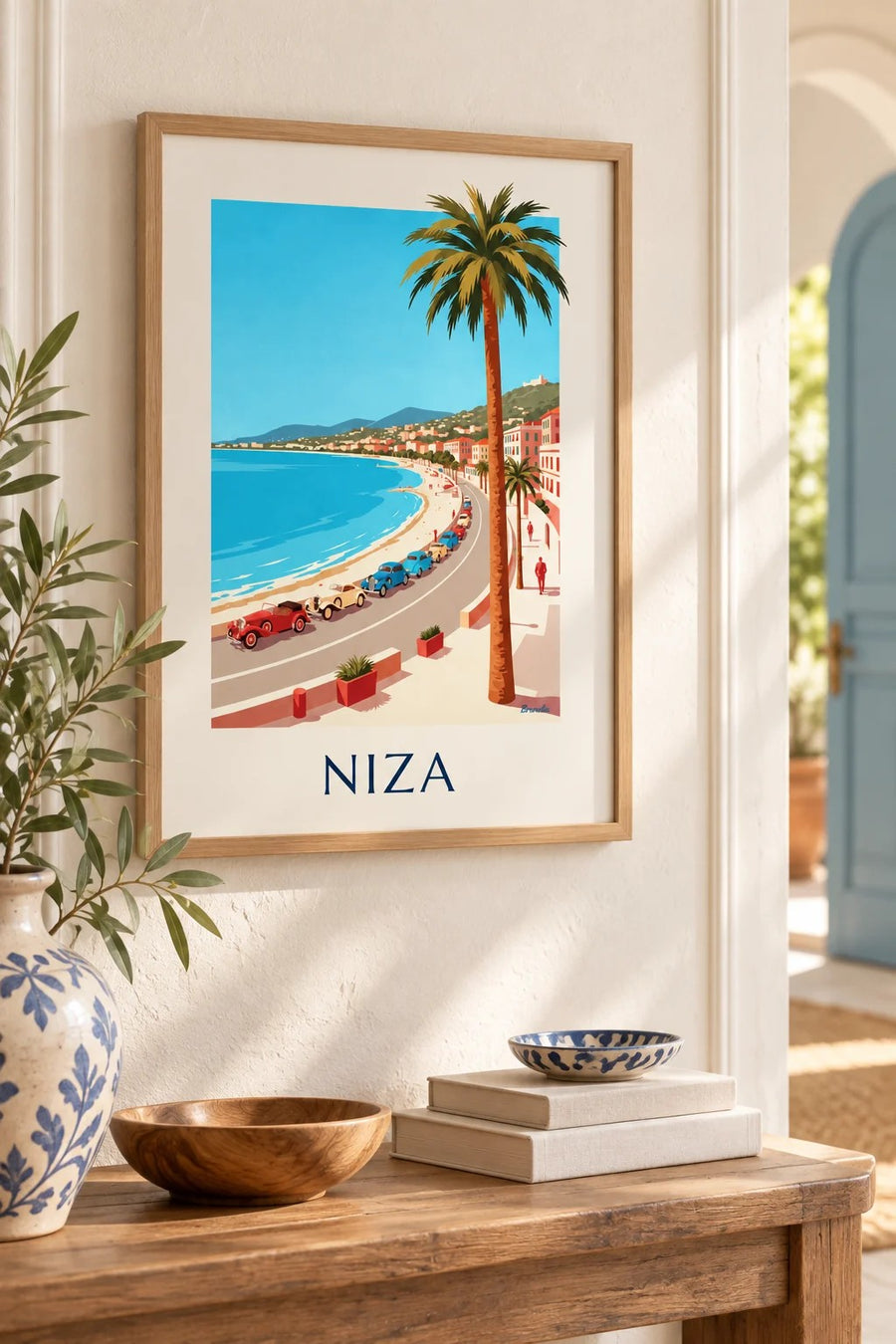 Póster de coches antiguos en el Paseo de los Ingleses de Niza: formato pequeño A4 enmarcado