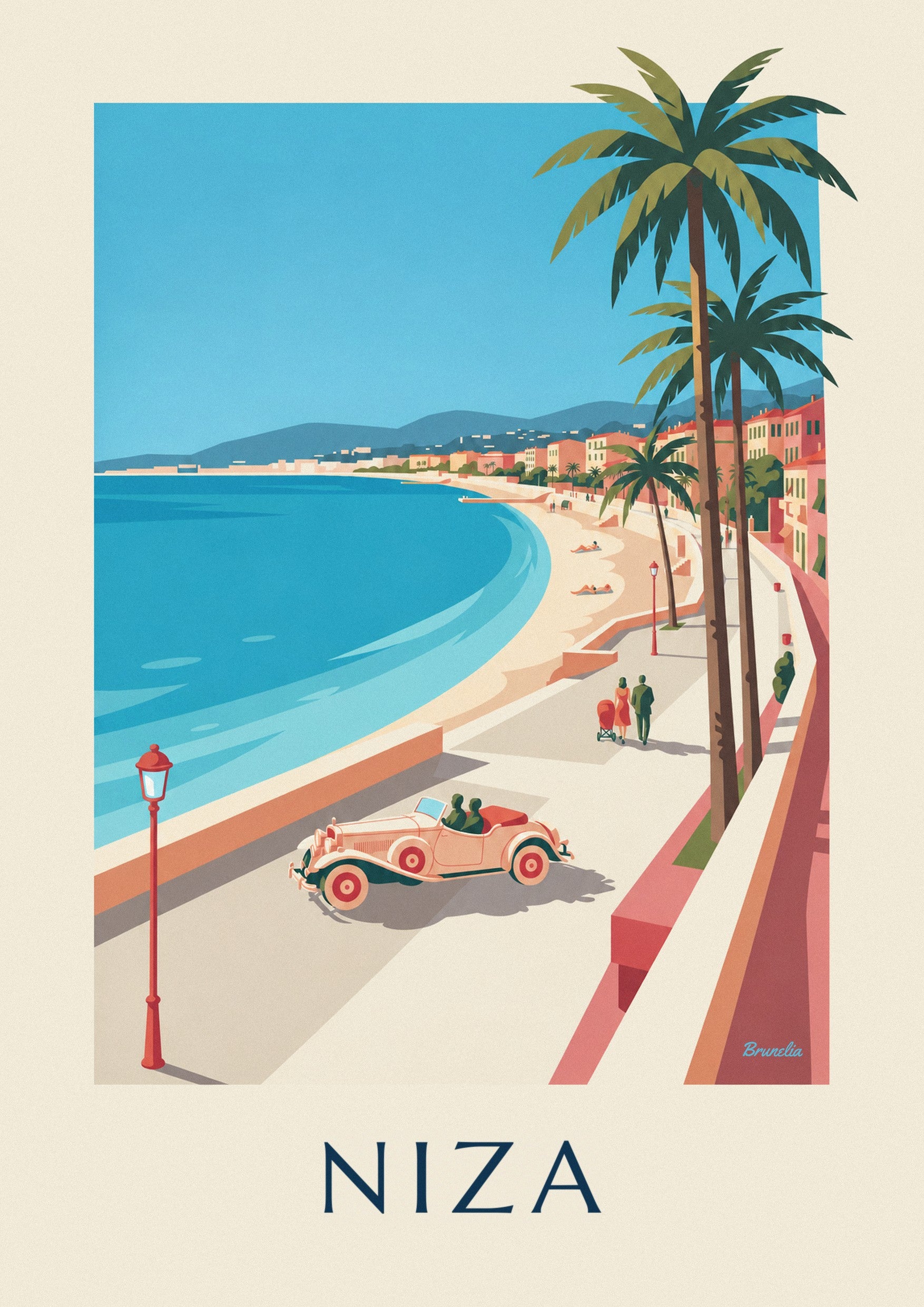 Póster de descapotable y paseantes bajo las palmeras de la bahía de los Ángeles, en Niza: detalle en primer plano