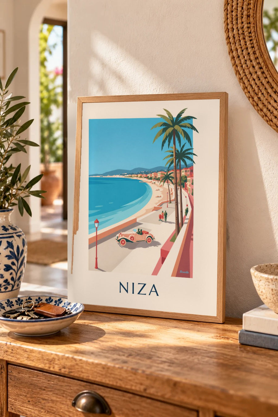 Póster de descapotable y paseantes bajo las palmeras de la bahía de los Ángeles, en Niza: formato pequeño A4 enmarcado