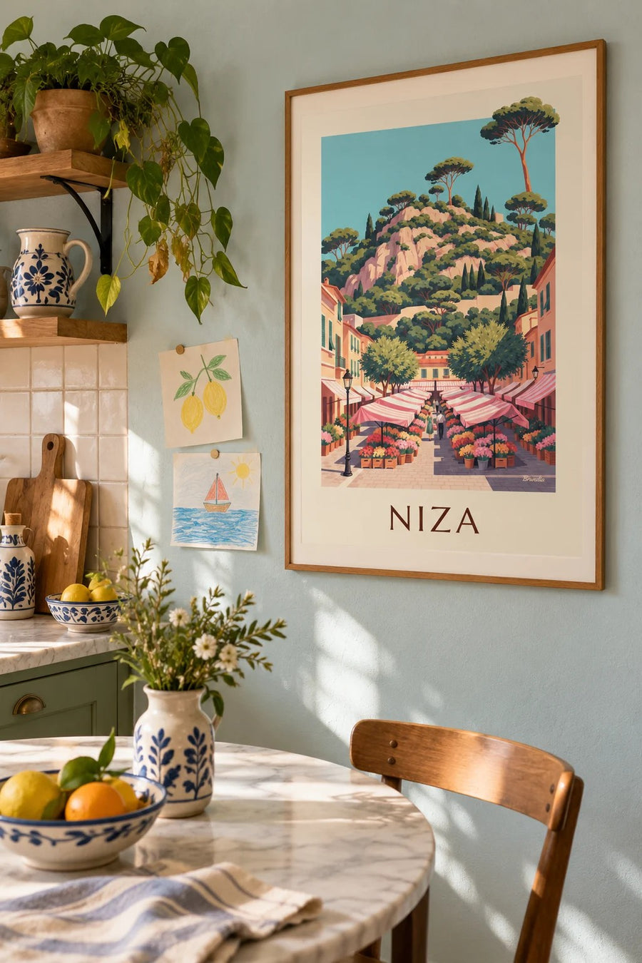 Póster mercado de flores del Cours Saleya en Niza: enmarcado en la pared
