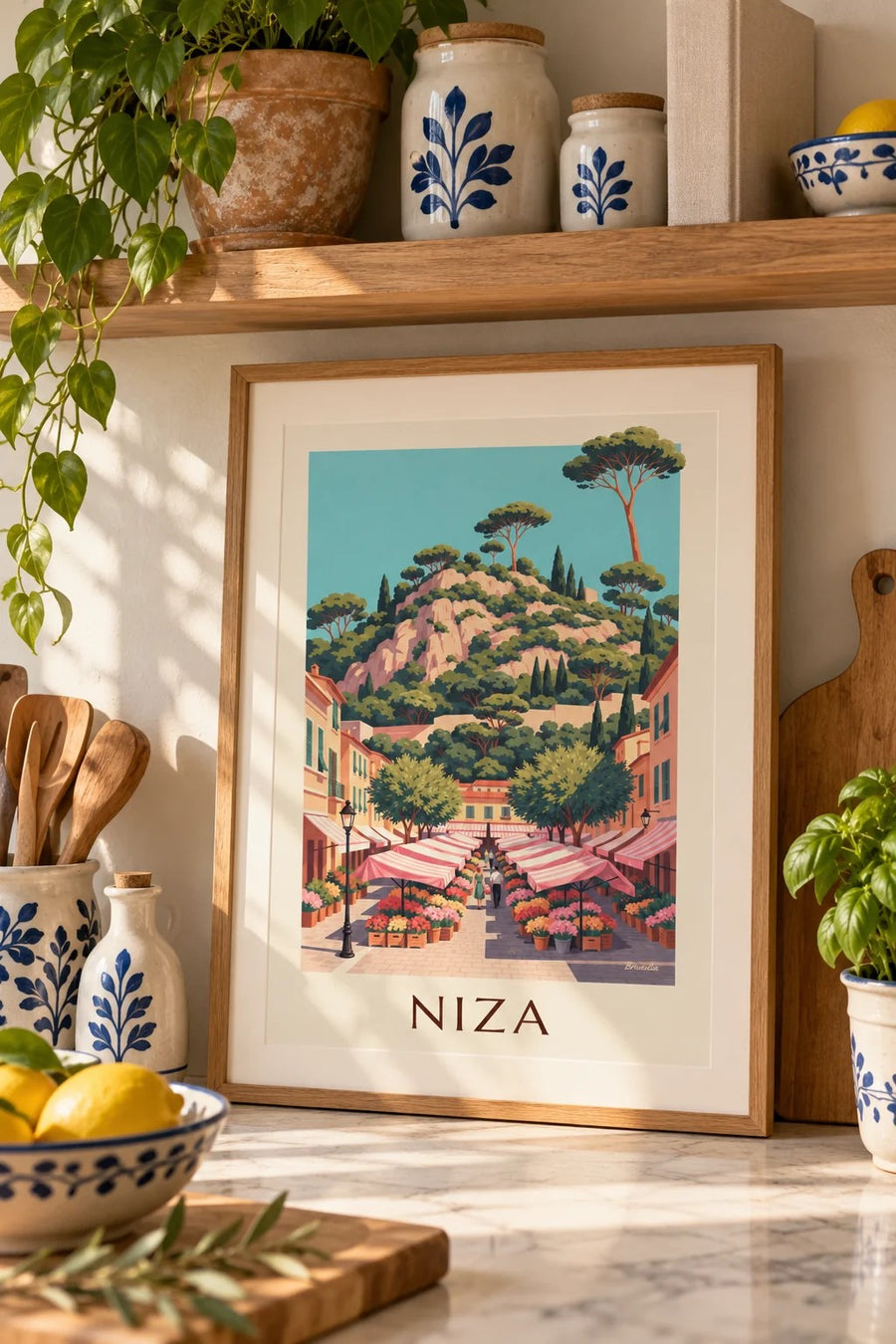 Póster mercado de flores del Cours Saleya en Niza: pequeño formato A4 enmarcado