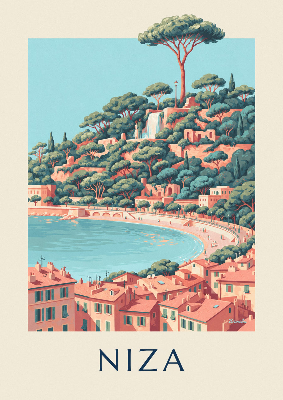 Póster de la cascada de la colina del Castillo y la bahía de los Ángeles en Niza