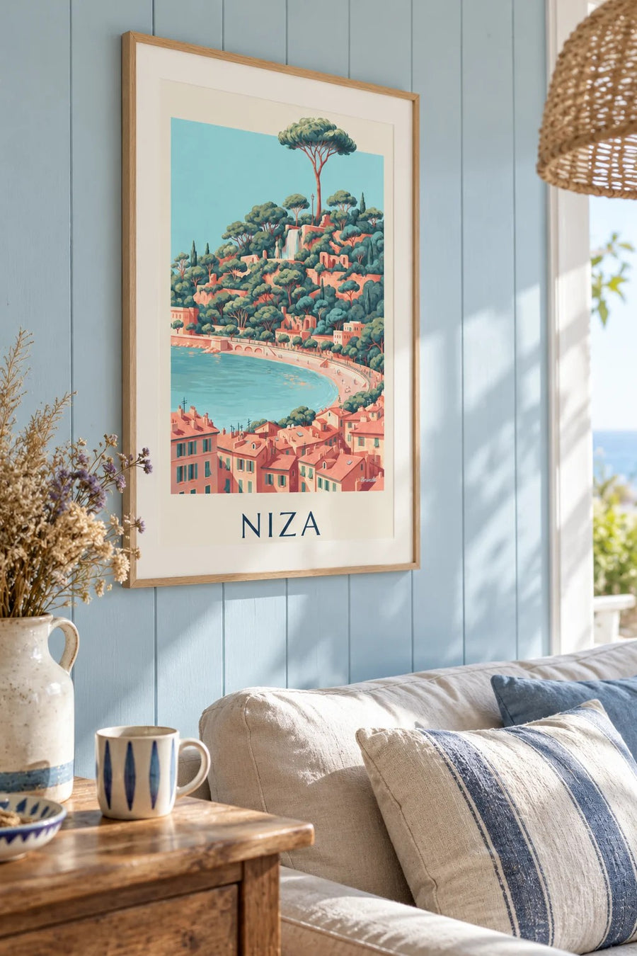 Póster de la cascada de la colina del Castillo y la bahía de los Ángeles en Niza: enmarcado en la pared