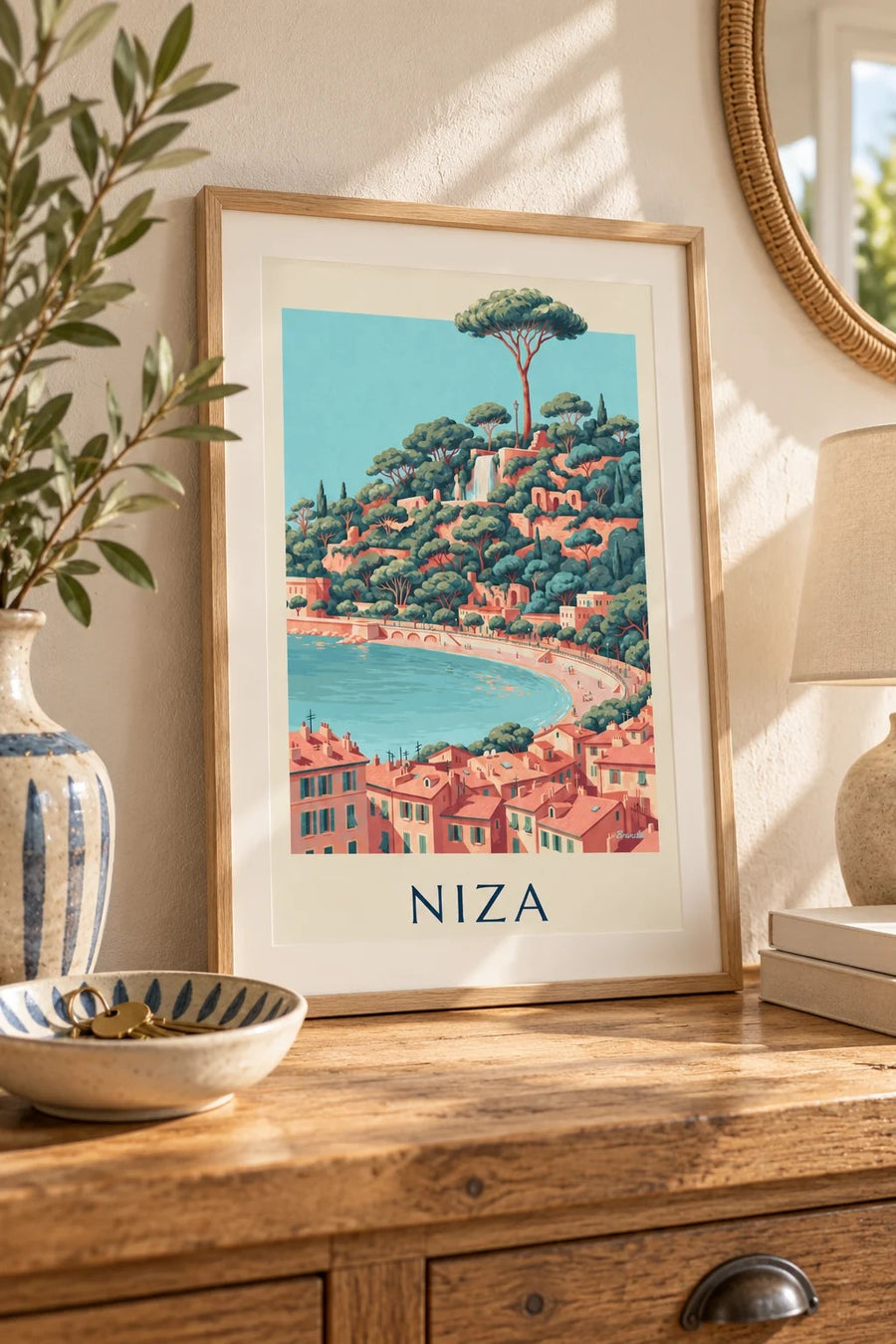 Póster de la cascada de la colina del Castillo y la bahía de los Ángeles en Niza: formato pequeño A4 enmarcado