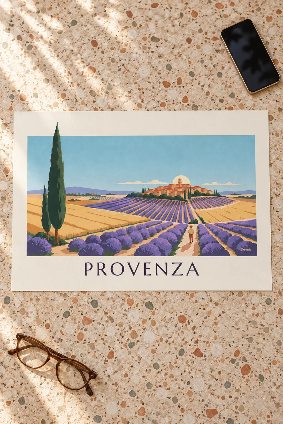Póster de paisaje provenzal con formas geométricas: sobre una mesa
