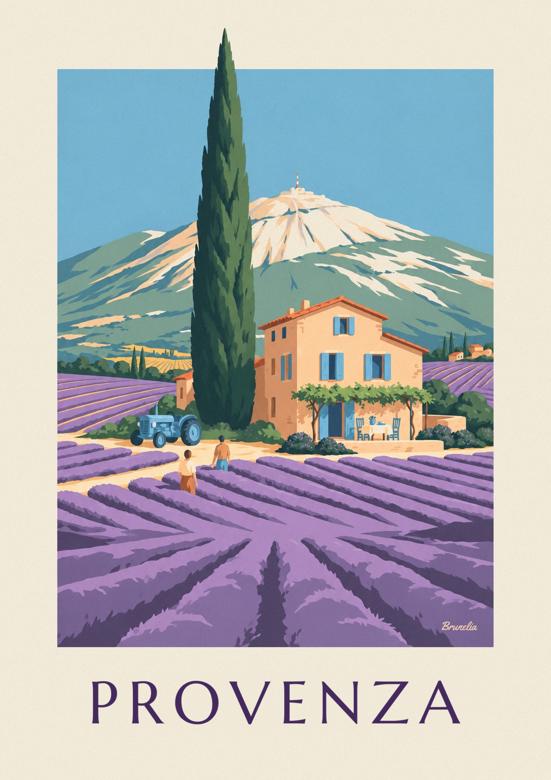 Póster de mas provenzal entre campos de lavanda: detalle en primer plano