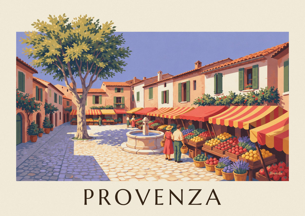 Póster mercado provenzal con puestos de frutas y verduras