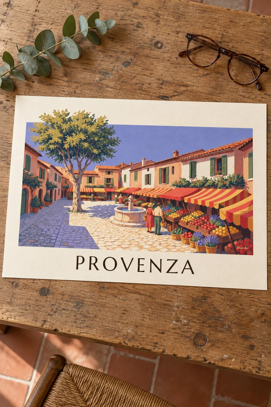 Póster mercado provenzal con puestos de frutas y verduras: sobre una mesa