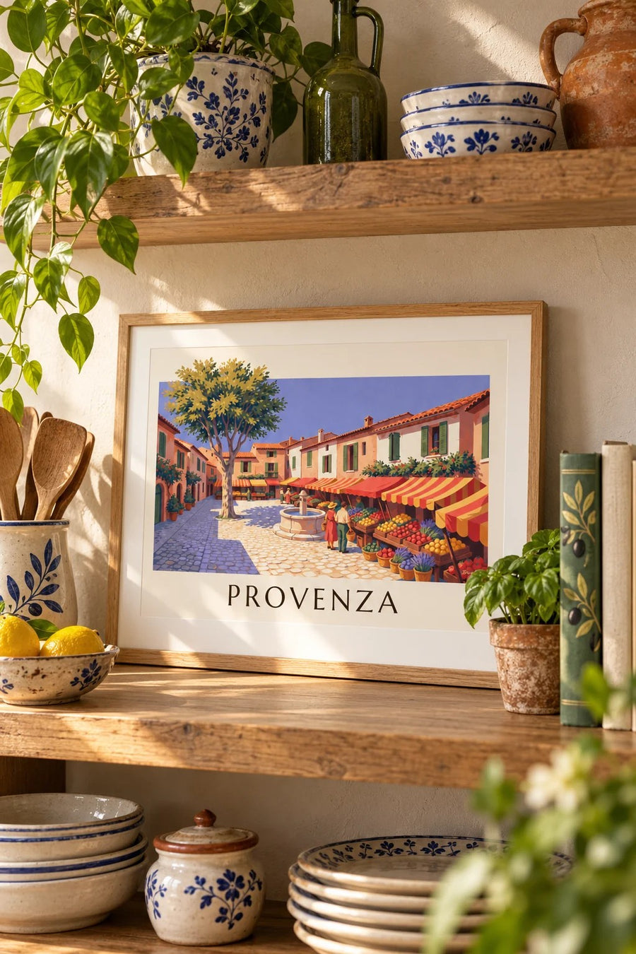 Póster mercado provenzal con puestos de frutas y verduras: formato pequeño A4 enmarcado