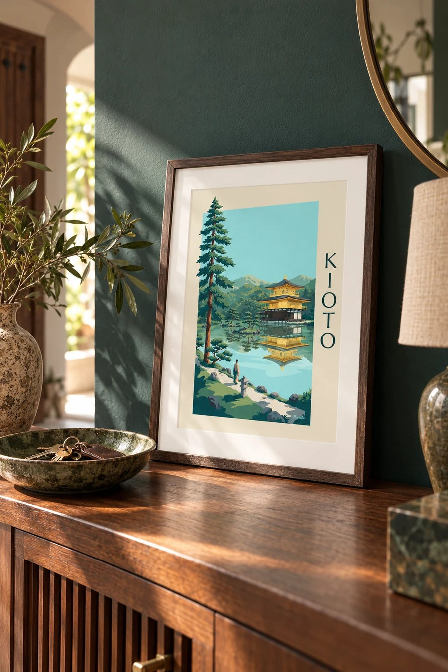 Póster del pabellón dorado Kinkaku-ji en Kioto: pequeño formato A4 enmarcado