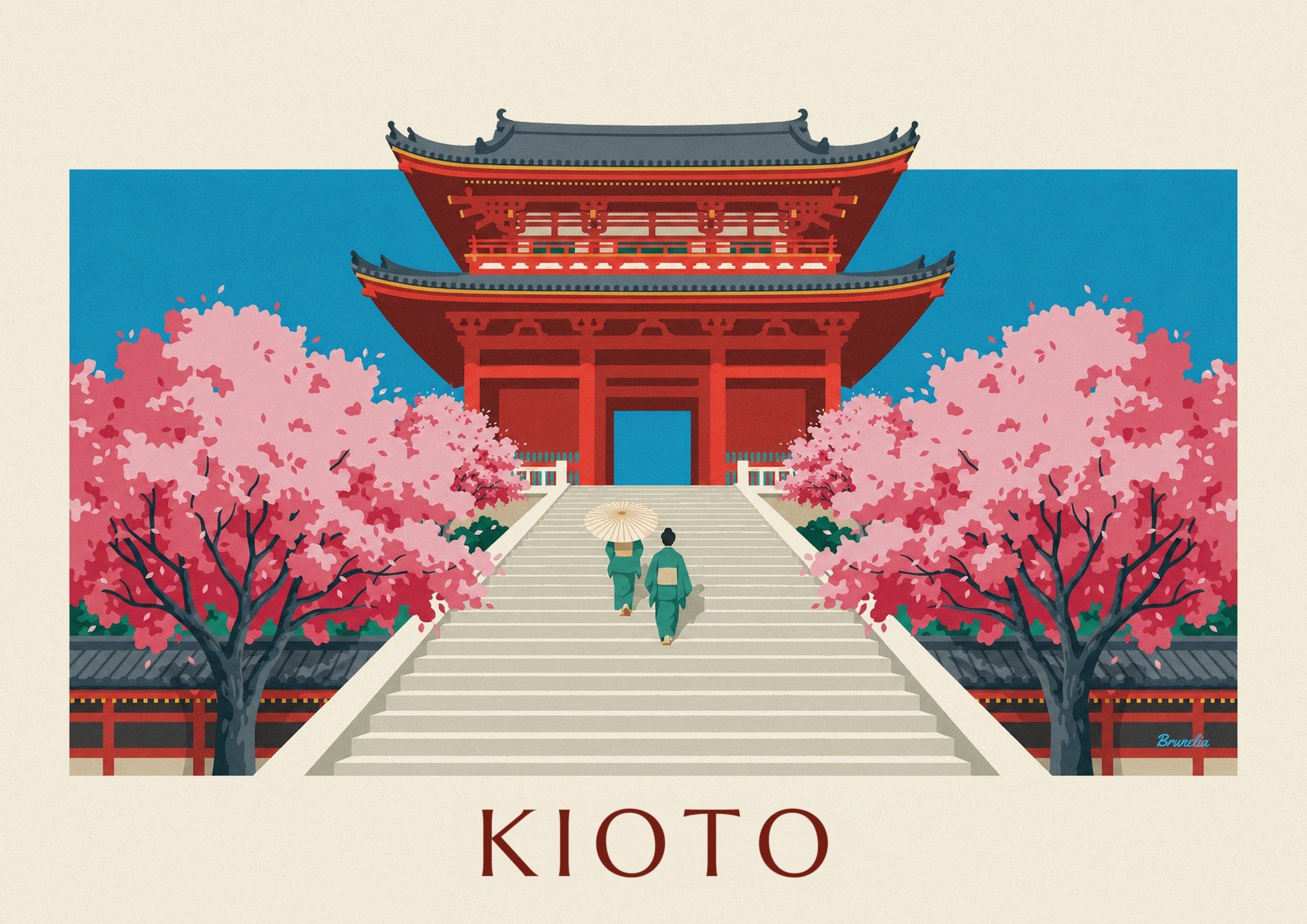 Póster puerta bermellón de Kiyomizu-dera y cerezos en Kioto: detalle en primer plano