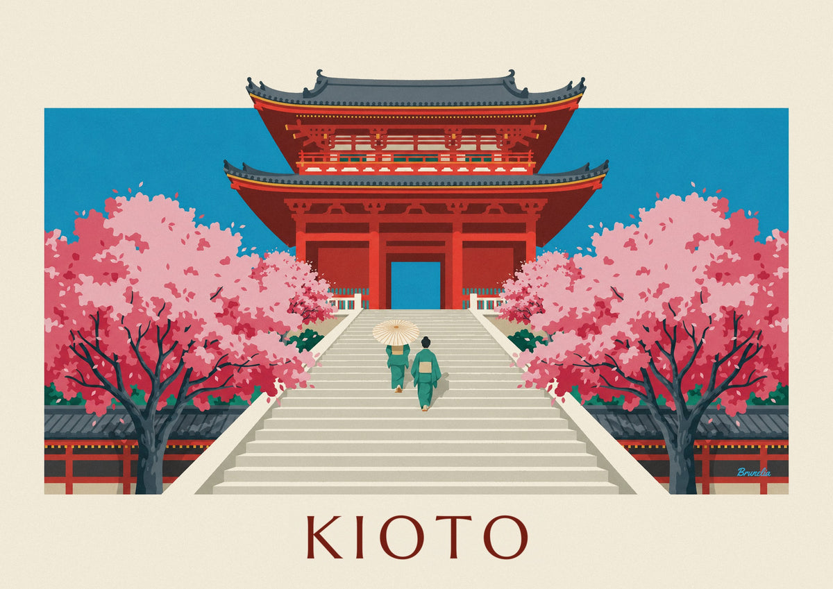 Póster puerta bermellón de Kiyomizu-dera y cerezos en Kioto