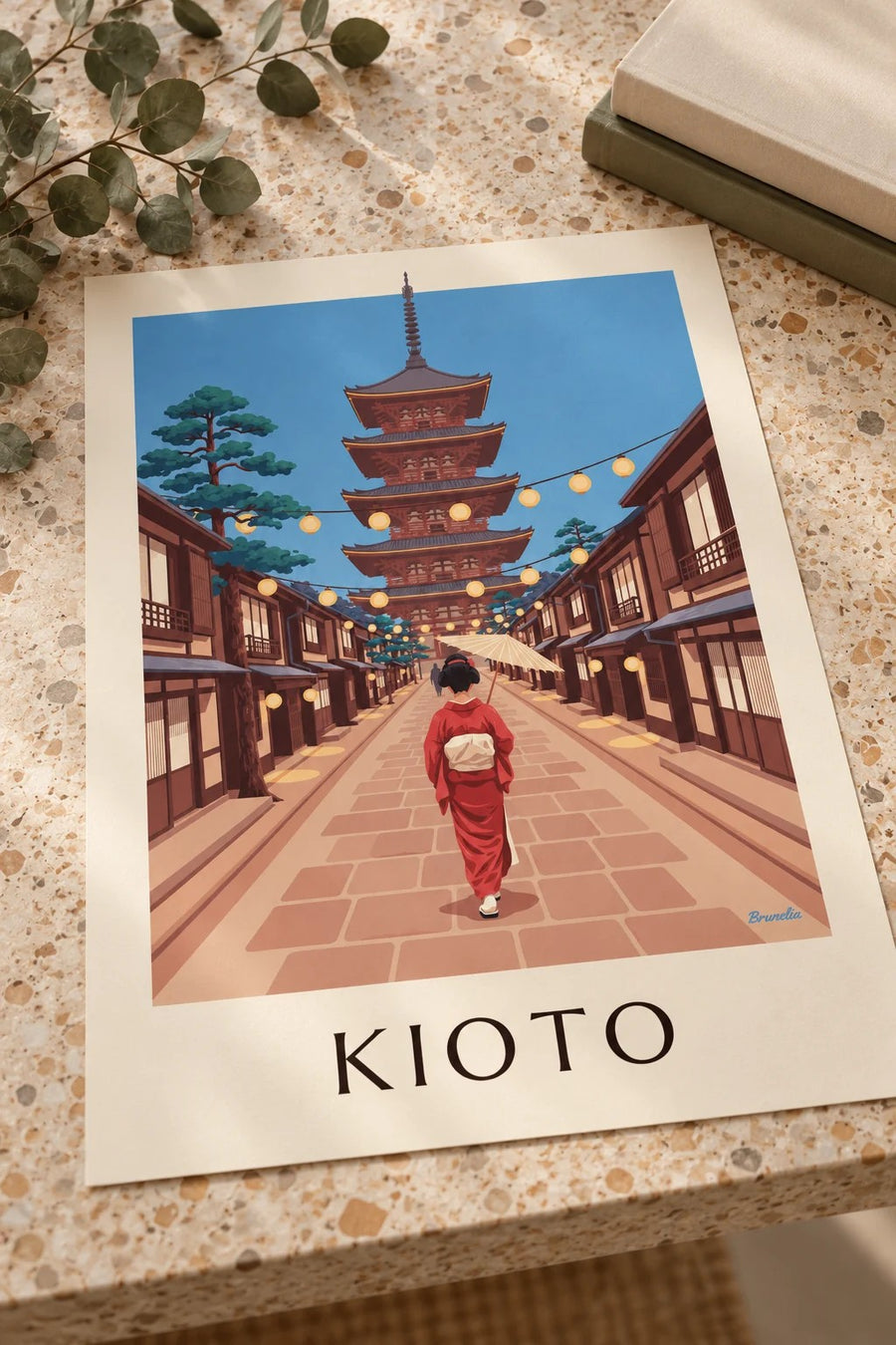 Póster geisha con sombrilla hacia la pagoda Yasaka en Kioto: sobre una mesa