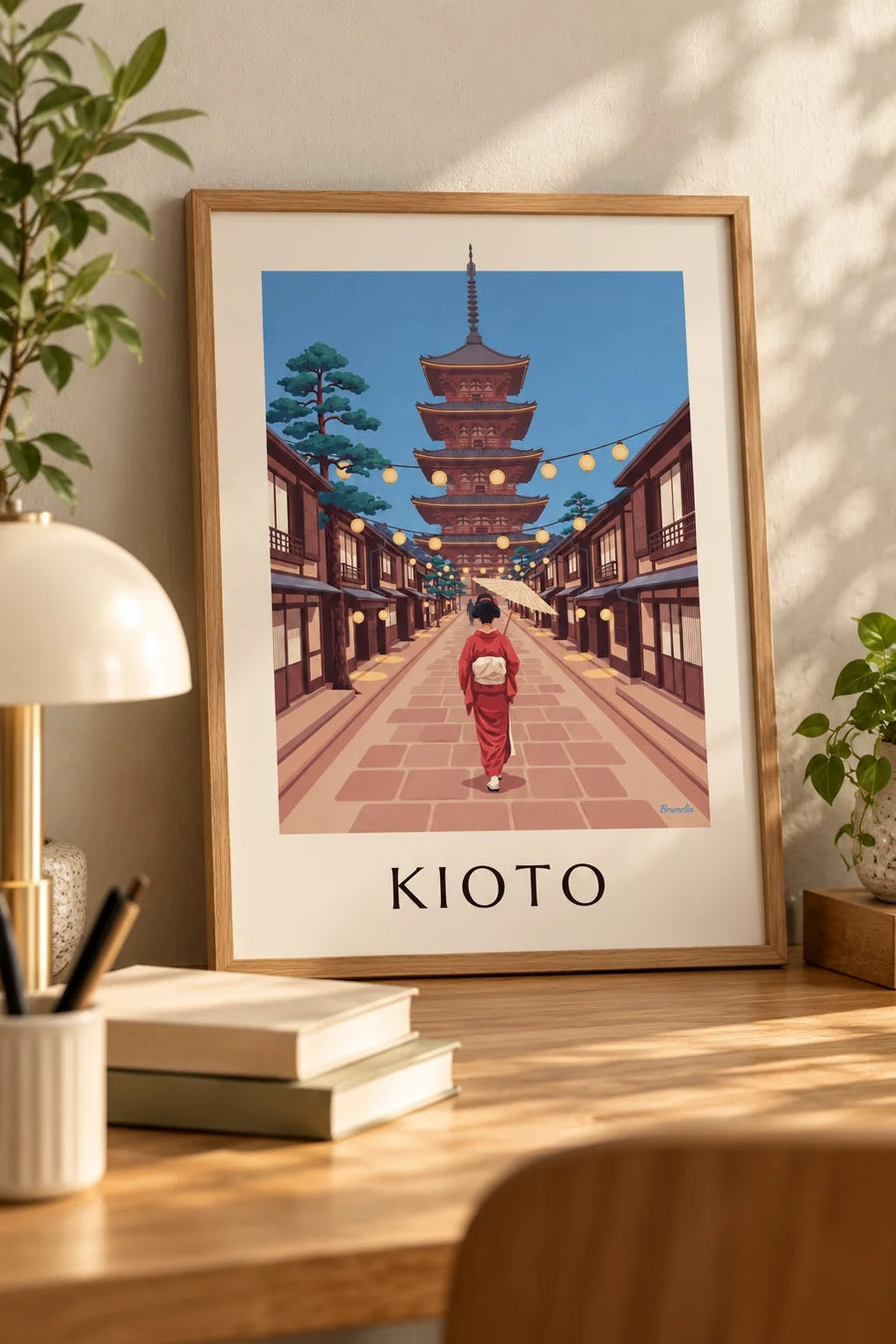 Póster geisha con sombrilla hacia la pagoda Yasaka en Kioto: formato pequeño A4 enmarcado