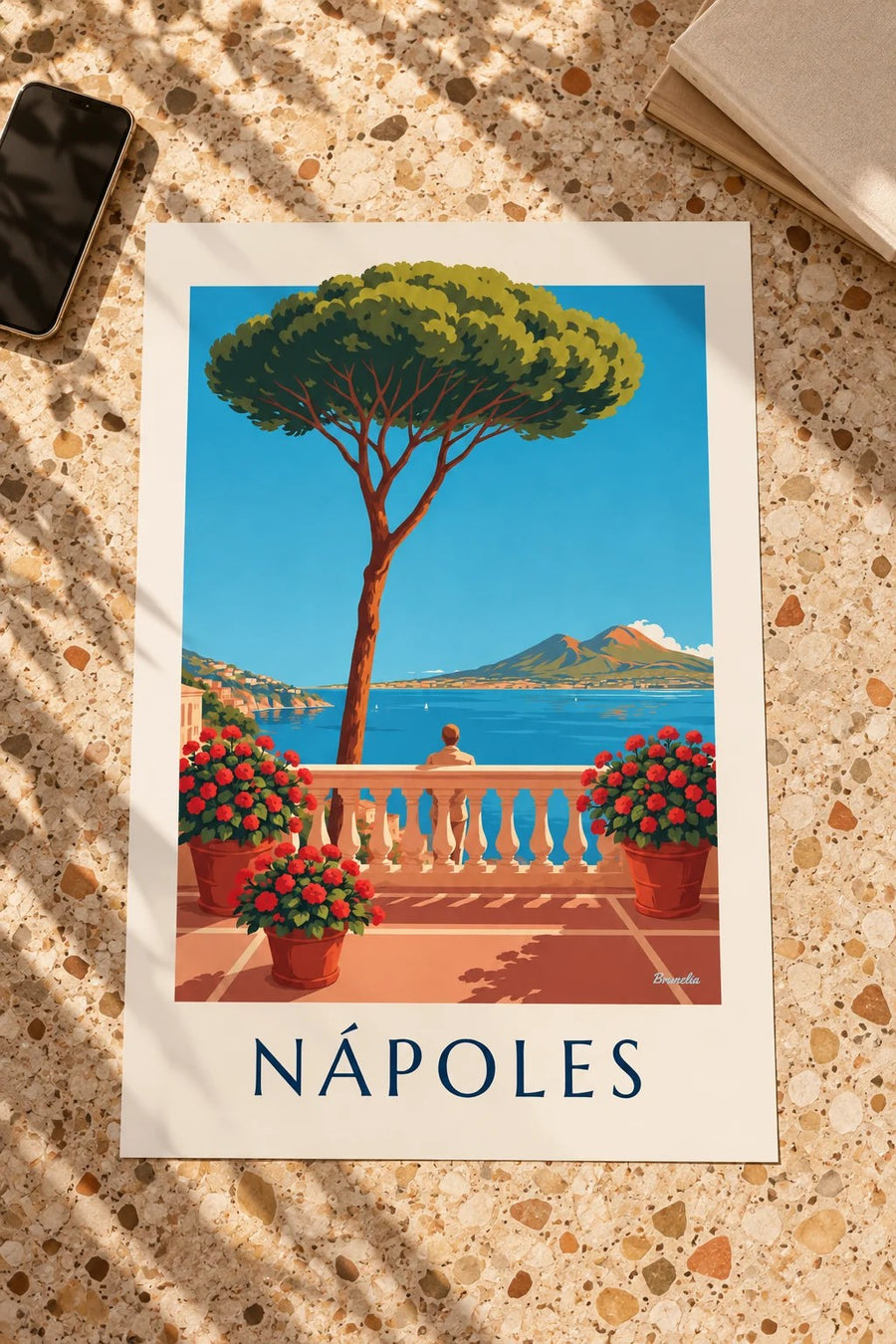 Póster Nápoles, bahía y Vesubio vistos desde la terraza: sobre una mesa