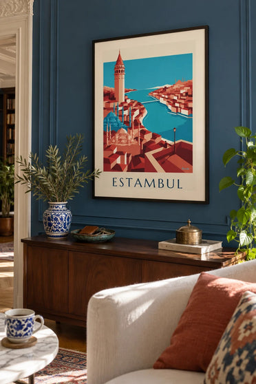 Póster mapa geométrico de la ciudad de Estambul y sus monumentos: enmarcado en la pared