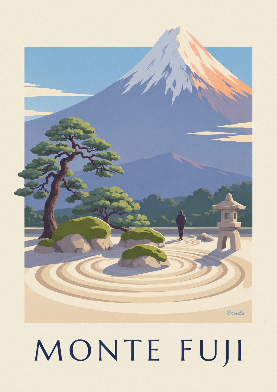 Póster jardín zen japonés frente al monte Fuji