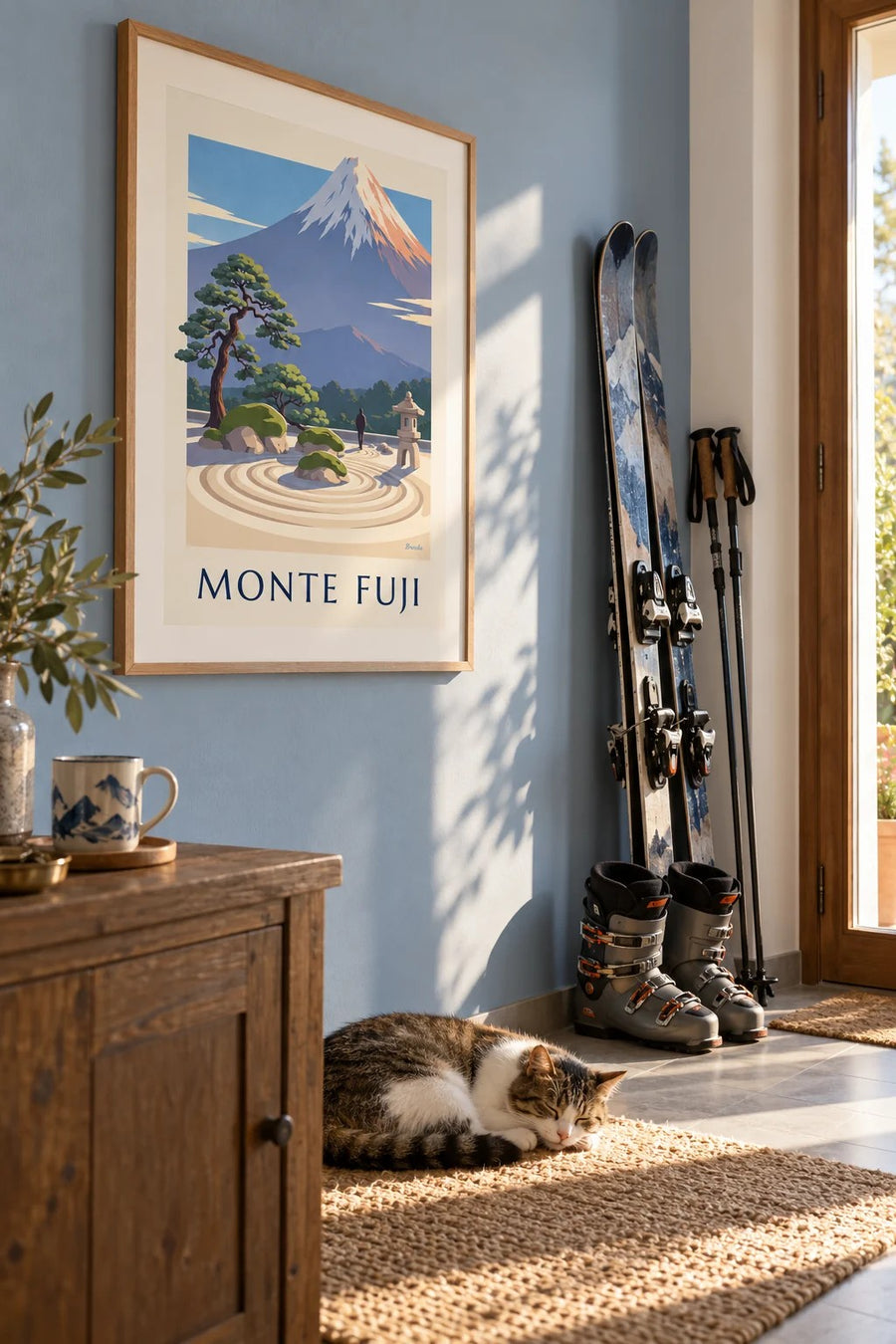 Póster jardín zen japonés frente al monte Fuji: enmarcado en la pared