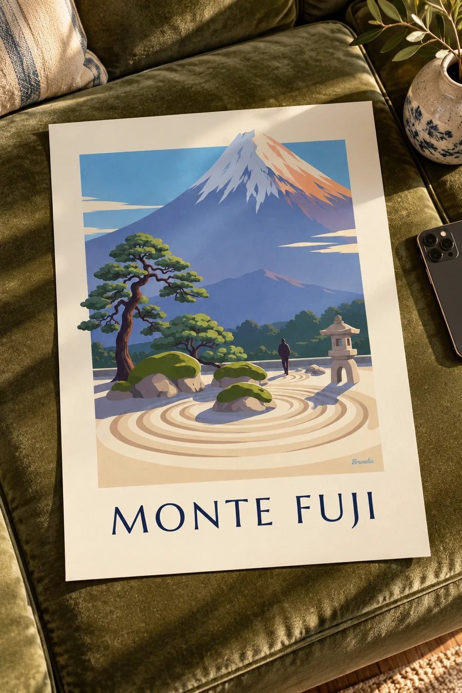 Póster jardín zen japonés frente al monte Fuji: sobre una mesa